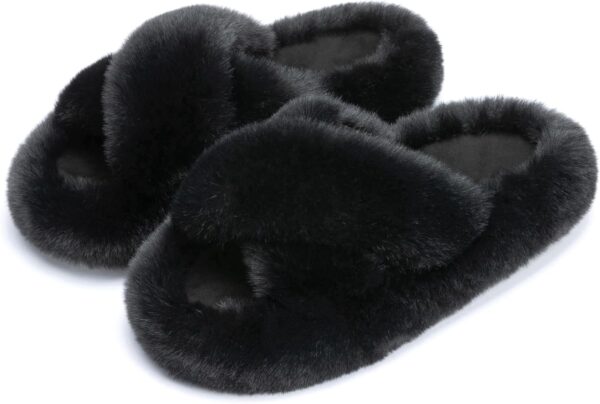 Women's Blue Memory Foam Faux Fur Lined Open Toe Slippers for Women - US 12