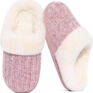 Warm Knit House Slippers for Women Comfy Wool-Like Lined Chenille Slippers with Memory Foam and Indoor Outdoor Soles