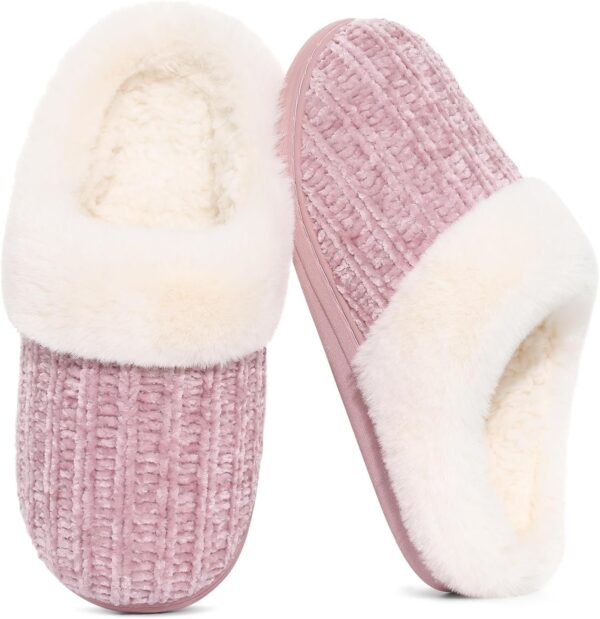 Warm Knit House Slippers for Women Comfy Wool-Like Lined Chenille Slippers with Memory Foam and Indoor Outdoor Soles
