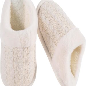Winter Fuzzy Slippers for Women,Cozy Memory Foam House Shoes Soft Cable Knit Non-Slip Indoor Slippers